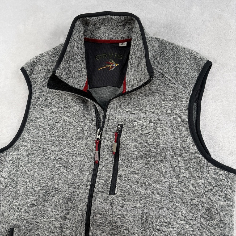 Orvis Vest Mens M Full Zip Outdoor Fishing Sweater Fleece Camping Layer Gray Red